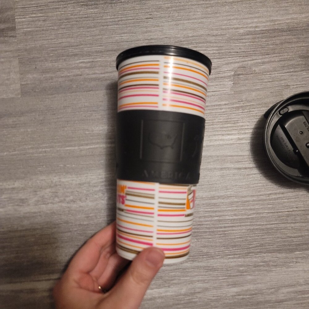 Plastic striped double layered America Runs on Dunkin Donuts mug - see descript.
